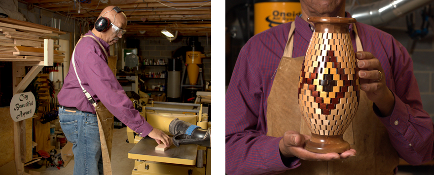 Richard Williams using planer and showing his work.