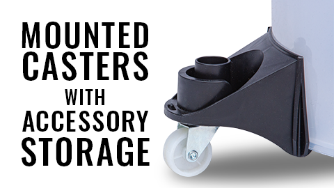 Closeup of the molded plastic mounted caster foots with integrated storage for 1.5 and 2.5 inch vacuum hose accessories