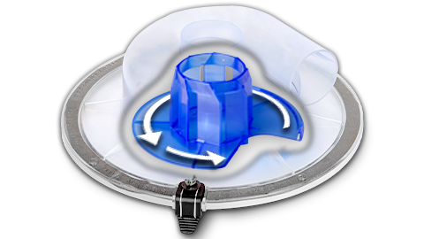 Cutaway view of the Low-Pro lid separator's inner cyclonic baffle with white arrows overlayed to illustrate the direction of airflow.