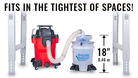 Dust Deputy Low-Pro Deluxe Kit connected to shop vacuum by hose. Installed underneath a standard height workbench with room above to spare.
