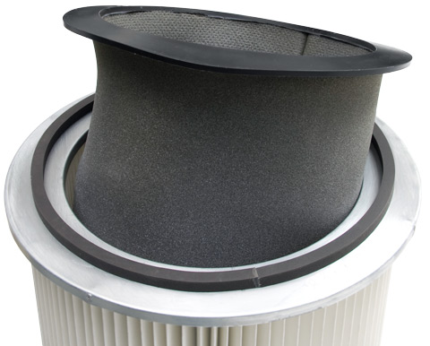 Drop-in silencer partially inserted into cartridge filter