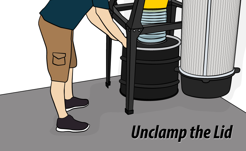 Release the dust bin's locking lever clamp and lift off the lid.