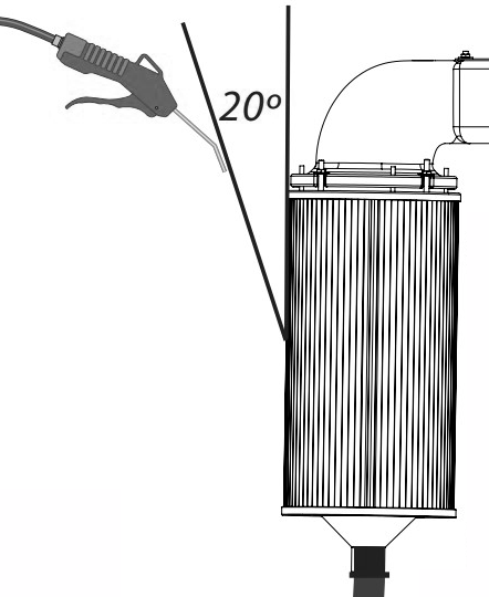Air nozzle at 20 deg. angle to filter