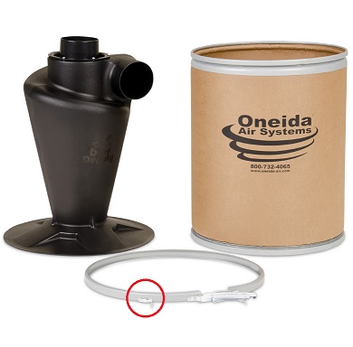 Position of the ring lock lever tab on the 15 gallon drum of the Super Dust Deputy Deluxe